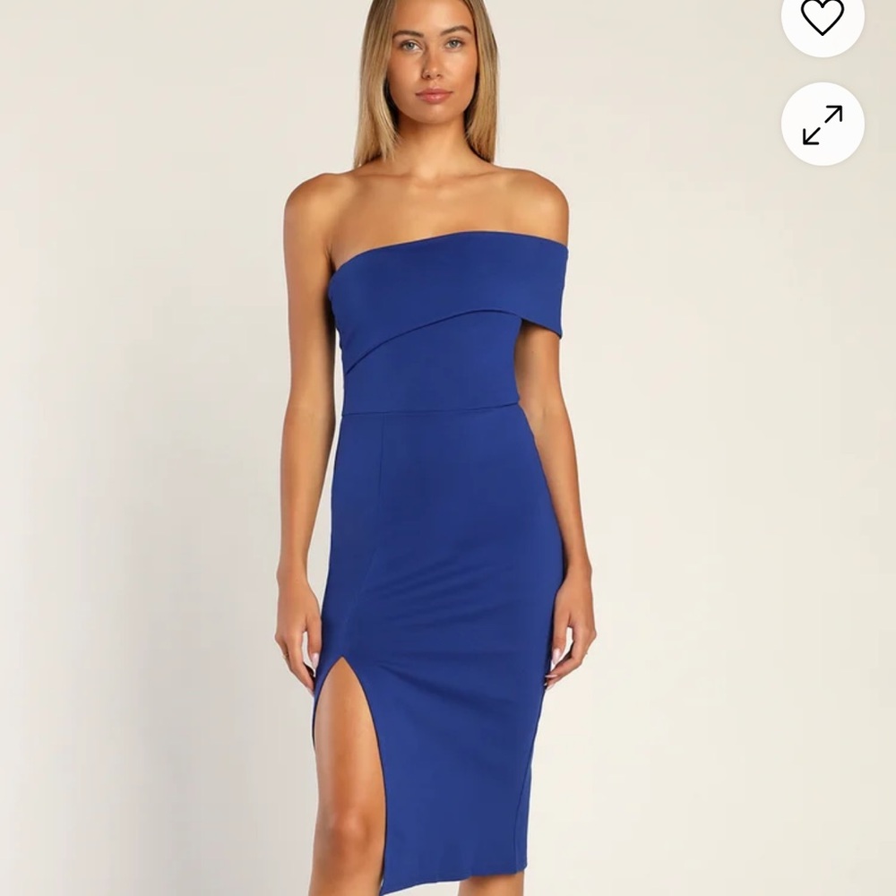 Lulu's Blue Off-Shoulder Bodycon Dress with Slit